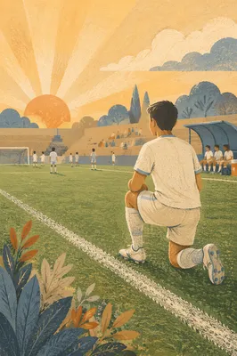 Athlete Kneeling on Field at Sunrise