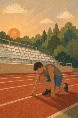 Athlete Kneeling on Sunrise Running Track