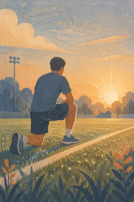 Athlete Kneeling at Sunrise on Field