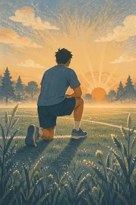 Athlete Kneeling at Sunrise on Field
