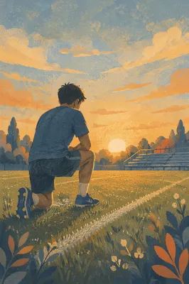 Athlete Kneeling at Sunrise on Field