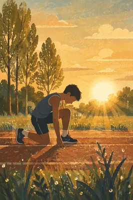 Athlete Kneeling in Prayer at Sunrise