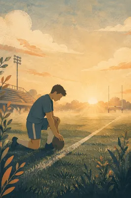 Kneeling Athlete Praying at Sunrise Field