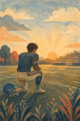 Prayerful Athlete Kneeling on Sunrise Field