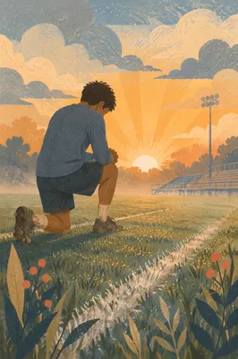 Athlete Kneeling in Prayer at Sunrise