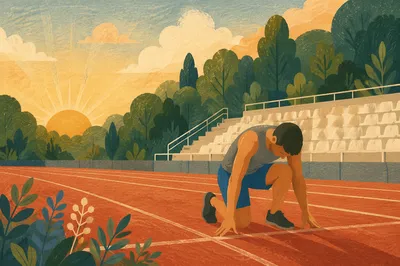 Athlete Kneeling on Track at Sunrise