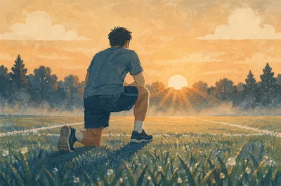 Athlete Kneeling on Sunrise Sports Field