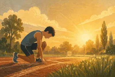 Athlete Kneeling in Sunrise Prayer on Field