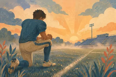 Athlete Kneeling in Prayer at Sunrise
