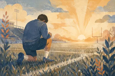 Praying Athlete on Sunrise Sports Field