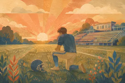 Prayerful Athlete Kneeling on Sunrise Field