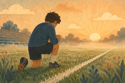 Athlete Kneeling in Prayer at Sunrise Field