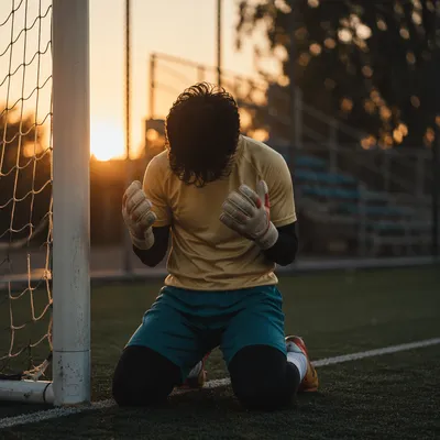 Goalkeeper Kneeling in Prayer at Sunrise