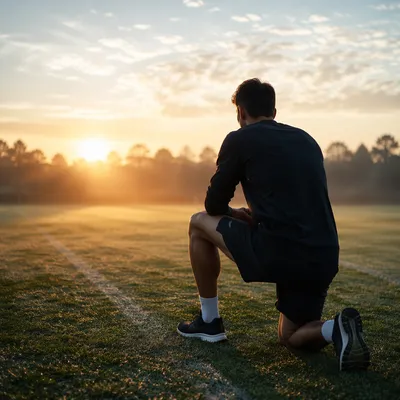 Athlete Kneeling on Sunrise Sports Field