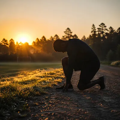 Athlete Kneeling in Prayer at Sunrise