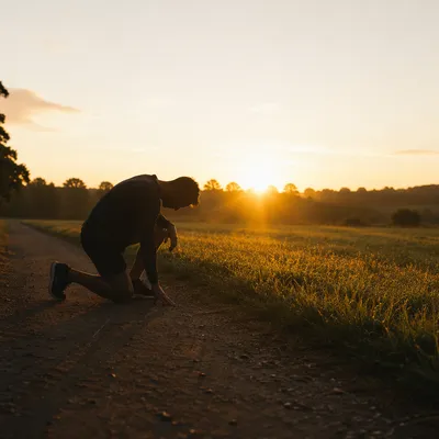 Athlete Kneeling in Prayer at Sunrise