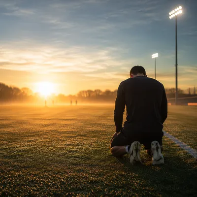 Athlete Kneeling in Prayer at Sunrise