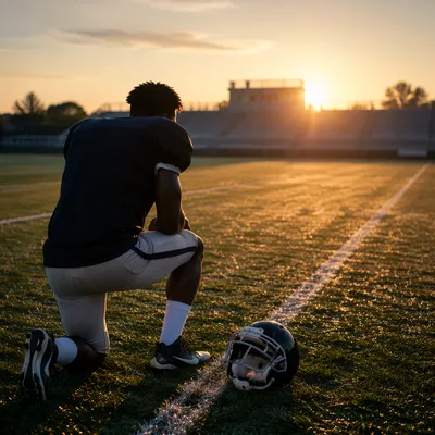 Athlete Kneeling on Field at Sunrise