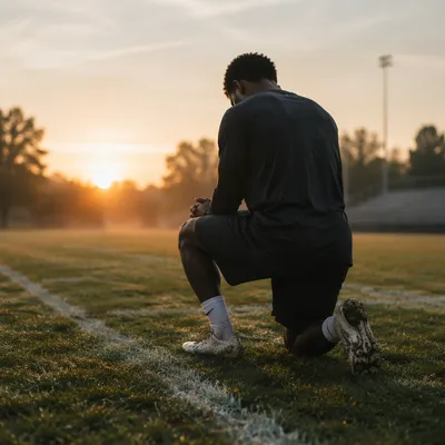 Athlete Kneeling in Prayer at Sunrise