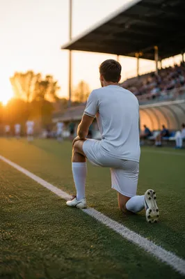 Athlete Kneeling on Field at Sunrise