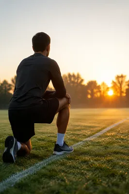 Athlete Kneeling on Dewy Field at Sunrise