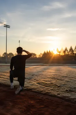 Athlete Kneeling at Sunrise on Field
