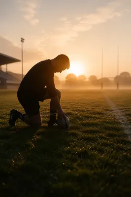 Kneeling Athlete in Sunrise Field Prayer