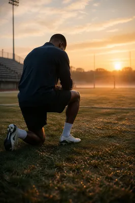 Athlete Kneeling in Prayer at Sunrise