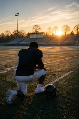 Athlete Kneeling on Field at Sunrise