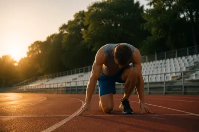 Athlete Kneeling on Track at Sunrise