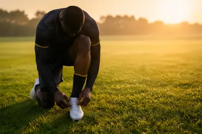 Kneeling Athlete Tying Cleat at Sunrise
