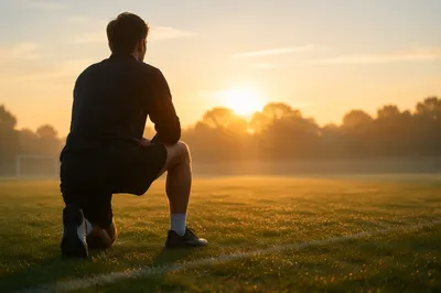 Athlete Kneeling at Sunrise on Field