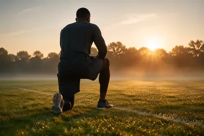 Athlete Kneeling on Sunrise Sports Field
