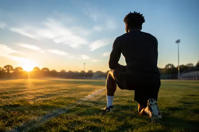 Athlete Kneeling on Field at Sunrise