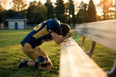 Praying Athlete on Sunrise Sports Field