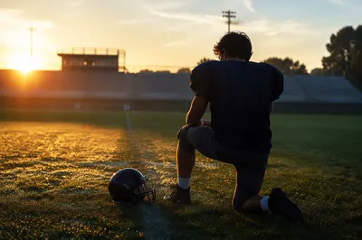 Prayerful Athlete Kneeling on Sunrise Field