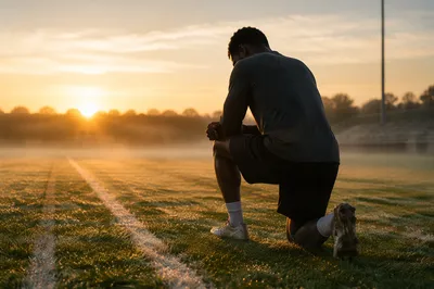 Athlete Praying on Field at Sunrise