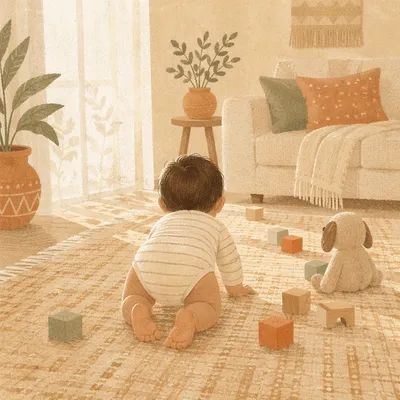 Playful Baby Crawling in Cozy Living Room