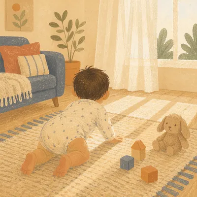 Playful Baby Crawling in Cozy Living Room