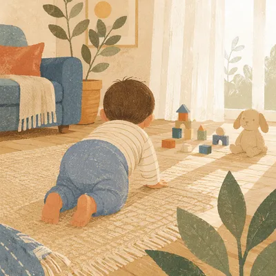 Playful Baby Crawling in Sunlit Living Room