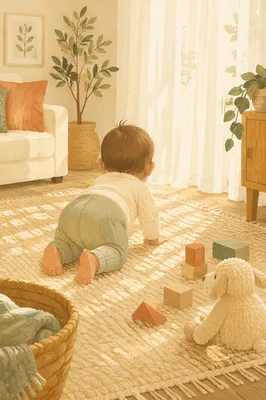 Playful Baby Crawling in Cozy Living Room