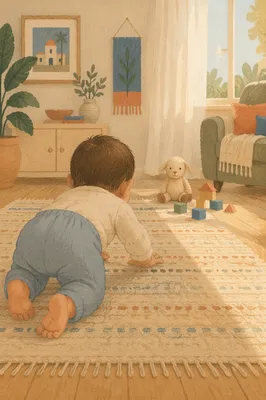 Playful Baby Crawling in Cozy Living Room