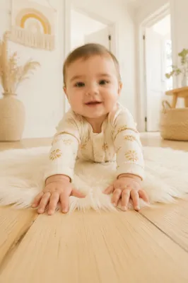 Playful Baby Crawling in Warm Minimalist Home
