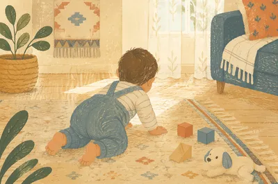 Playful Baby Crawling in Cozy Living Room