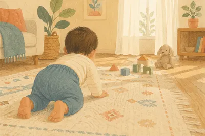 Playful Baby Crawling in Sunlit Living Room