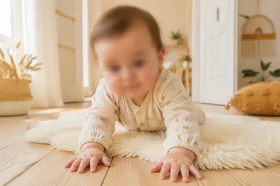 Playful Baby Crawling in Bright Home