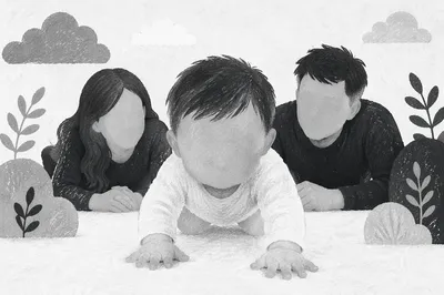 Playful Baby Crawling with Family Support