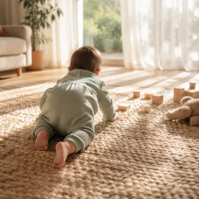 Playful Baby Crawling in Cozy Living Room