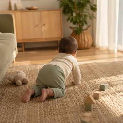Playful Baby Crawling in Cozy Living Room