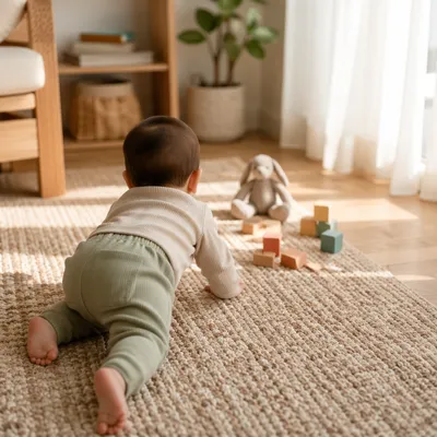 Playful Baby Crawling in Sunlit Living Room
